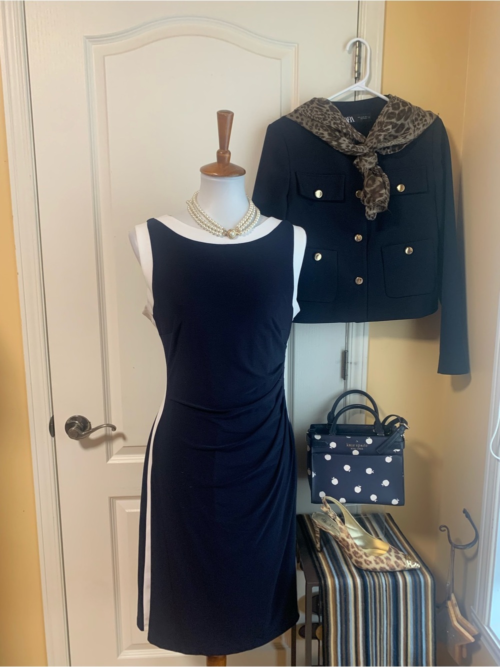 Lauren Ralph Lauren navy /white Midi side draping Sheath dress